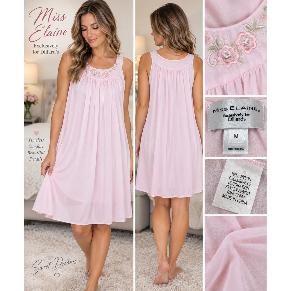 Miss Elaine Nightgown Pink Floral Embroidered Nylon Sleepwear Vintage Style M